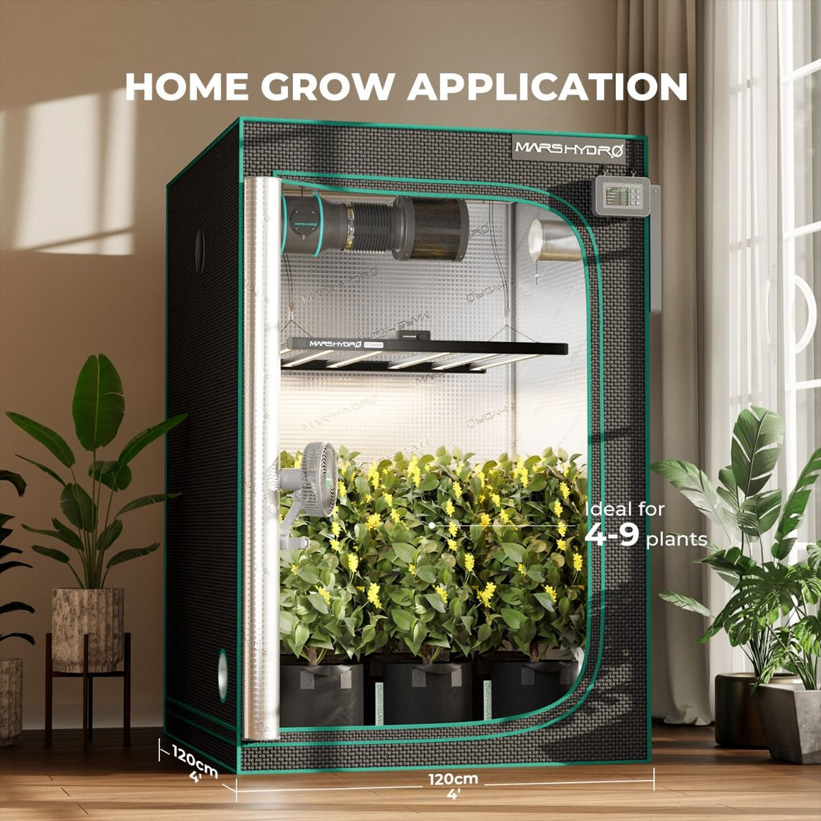 Mars Hydro grow tent with LED lights, fan, plants, and ventilation system. 120cm x 120cm.