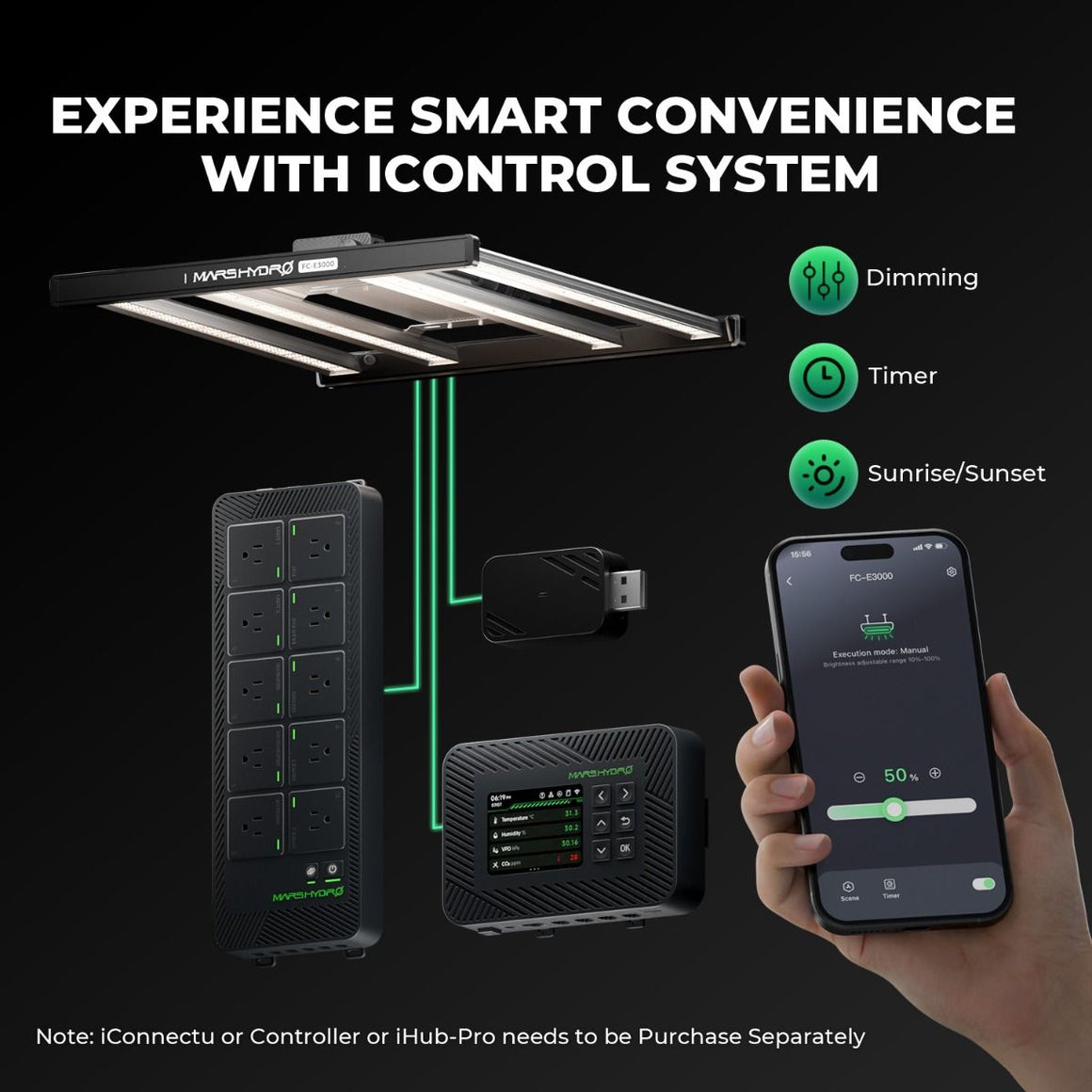 Mars Hydro FC-E4800 LED grow light with smart control system, showing phone app, controller, and power strip.