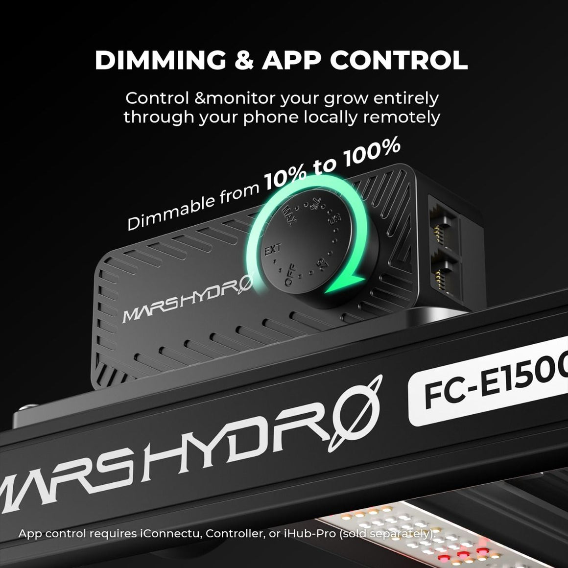 Mars Hydro FC-E1500 LED grow light with dimming dial and app control indicator.