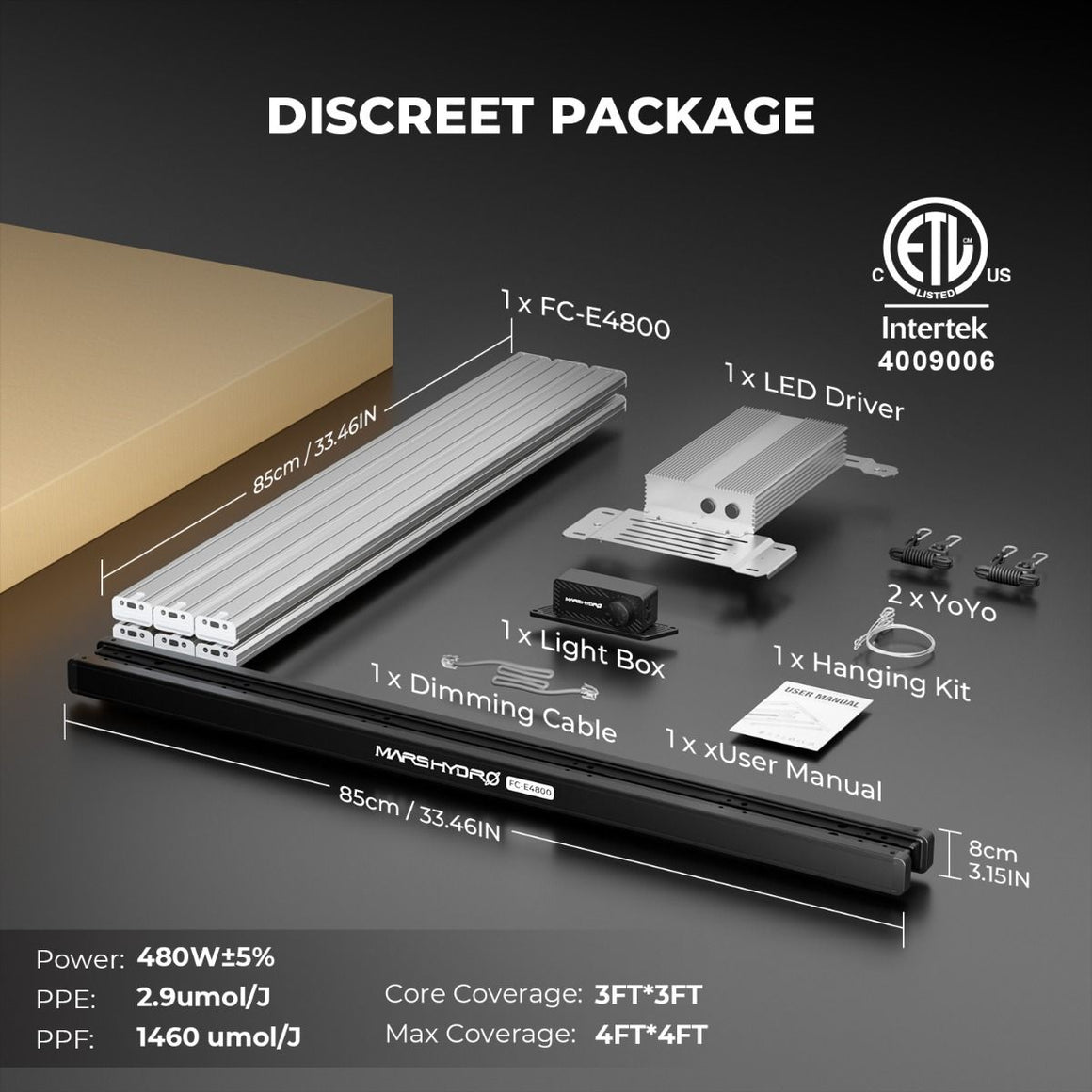 MarsHydro FC-E4800 LED grow light kit contents displayed: bar, driver, cables, yo-yos, manual, box.
