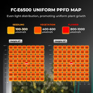 FC-E6500 LED grow light PPFD map showing uniform light distribution for seedling, vegetation, and flower stages at 8