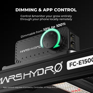 Mars Hydro FC-E1500 LED grow light with dimming dial and app control text.
