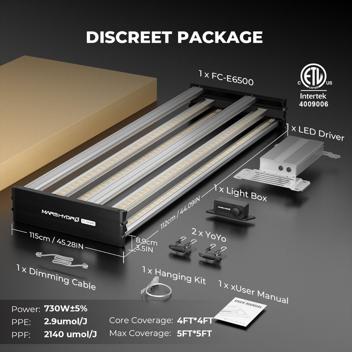 MarsHydro FC-E6500 LED grow light components: light bar, LED driver, yo-yos, hanging kit, dimming cable, user manual.