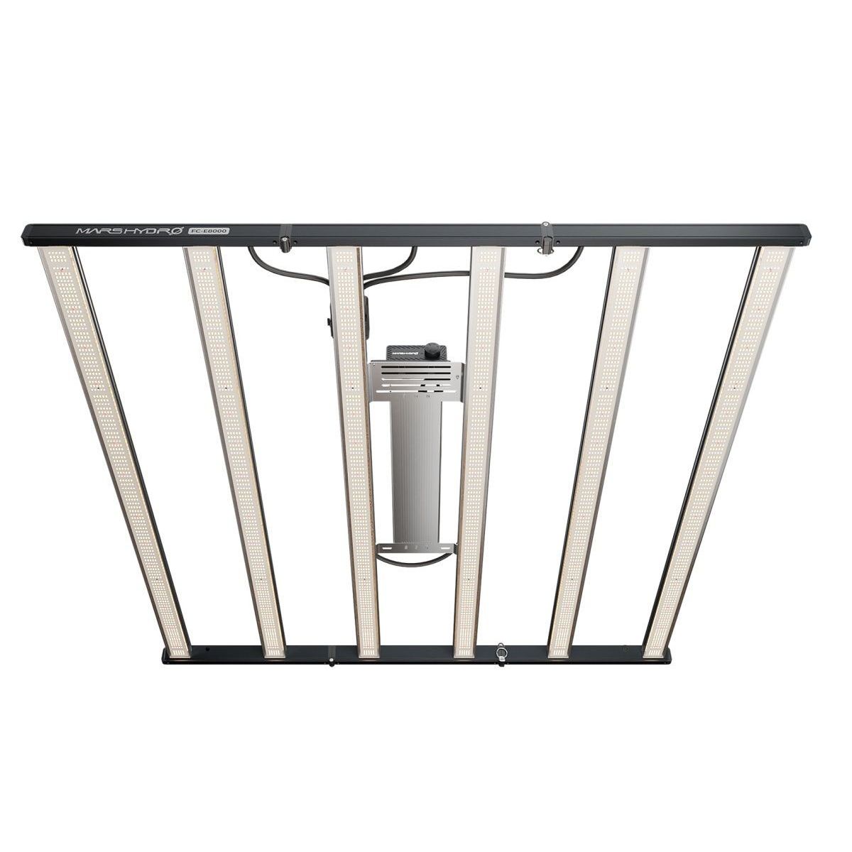 Mars Hydro FC-E8000 LED grow light: a rectangular fixture with 6 white LED bars, a silver heatsink, and a black frame.
