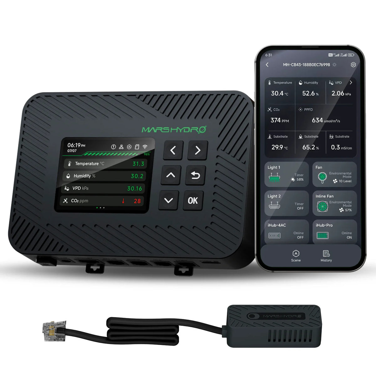 MarsHydro iConnect controller, smartphone app, and sensor.