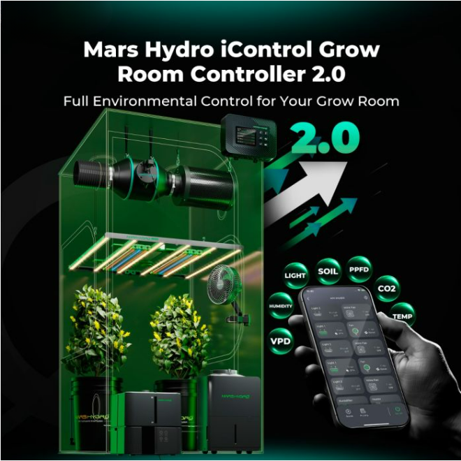 Mars Hydro iControl Grow Room Controller 2.0 manages lighting, ventilation, and environmental conditions in a grow tent.