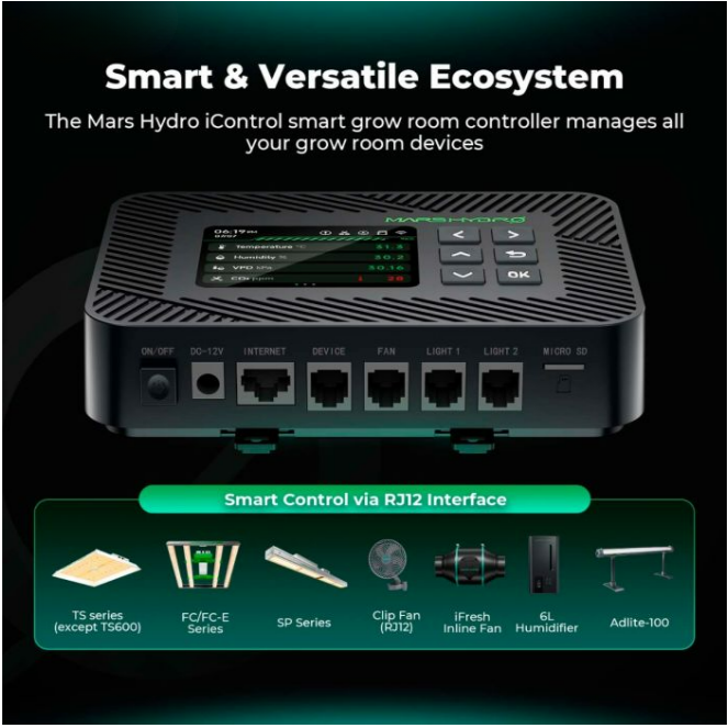 Mars Hydro iControl grow room controller managing lights, fans, and humidifiers via RJ12 interface.