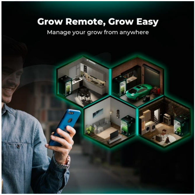 A man uses a smartphone to remotely manage grow rooms in various locations: kitchen, garage, living room, and basement.
