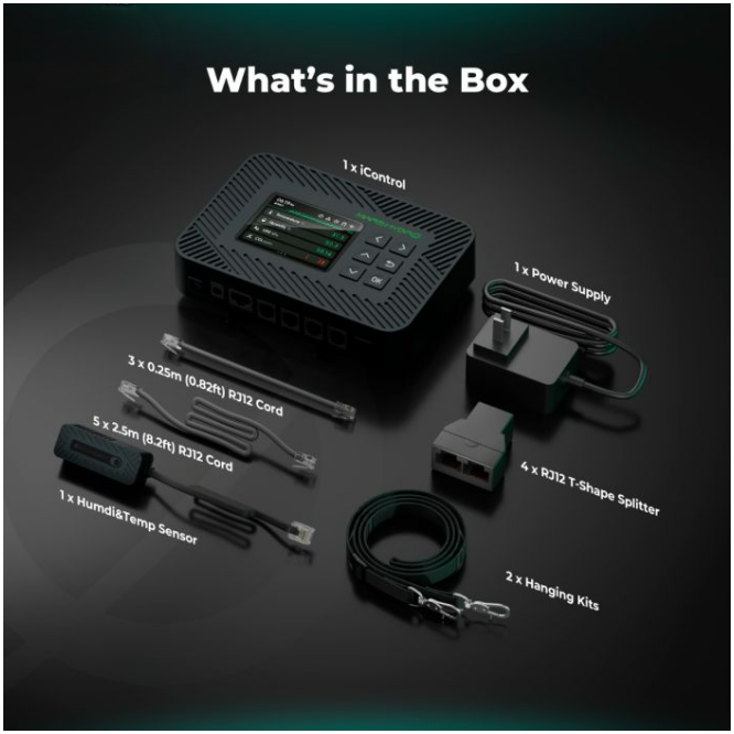 Mars Hydro iControl grow room controller box contents: iControl unit, power supply, RJ12 cords, sensors, splitter, hanging kits.