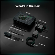 Mars Hydro iControl grow room controller box contents: iControl unit, power supply, RJ12 cords, sensors, splitter, hanging kits.