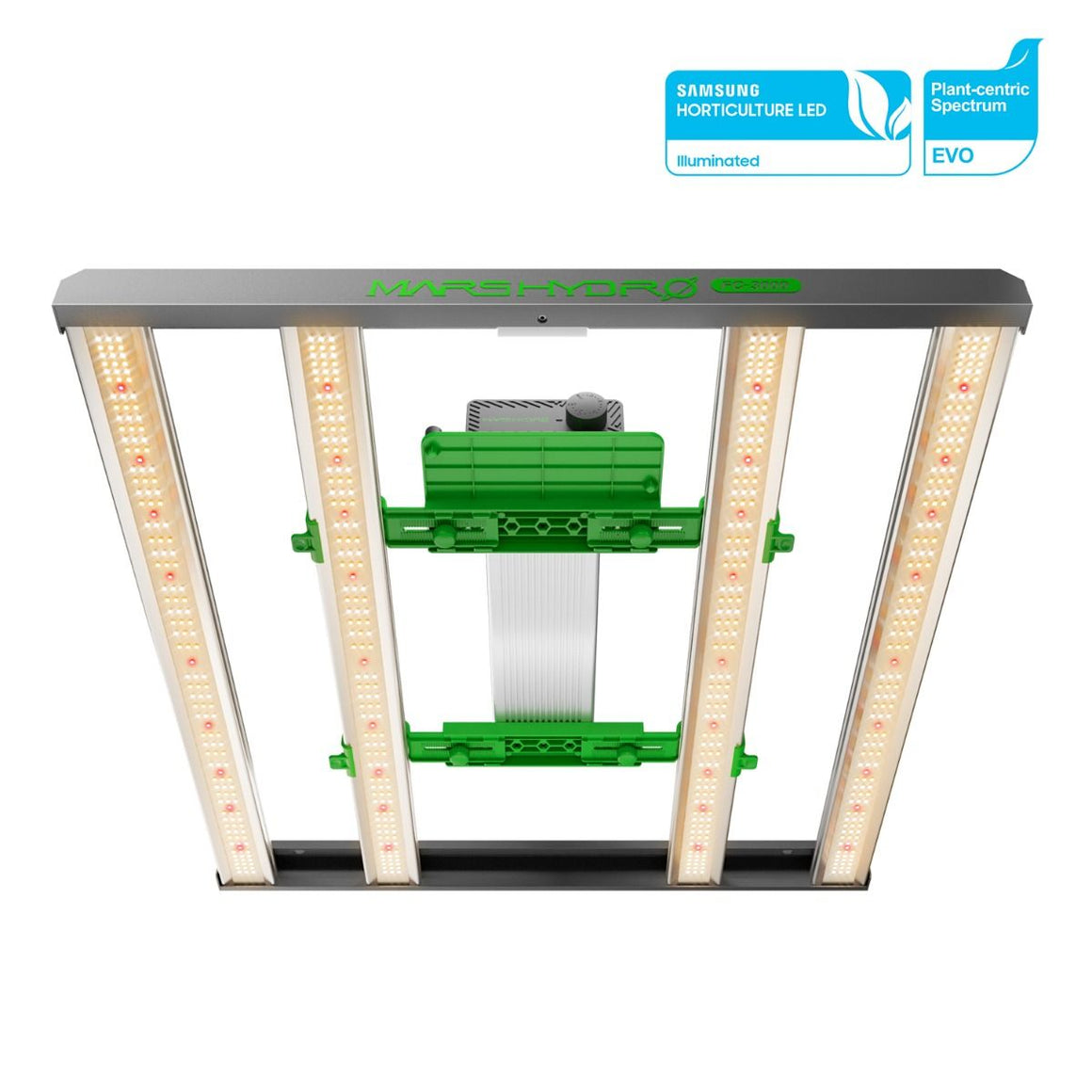 Mars Hydro FC 3000 EVO full spectrum LED grow light with Samsung Horticulture LEDs, plant-centric spectrum, and dimmer.