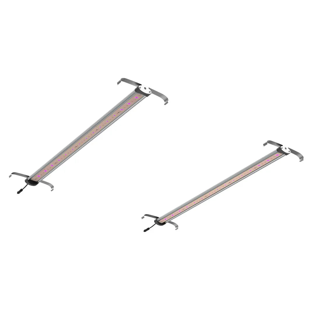 Two gray LED grow light bars with purple UV/IR diodes and mounting brackets, set diagonally on a white background.