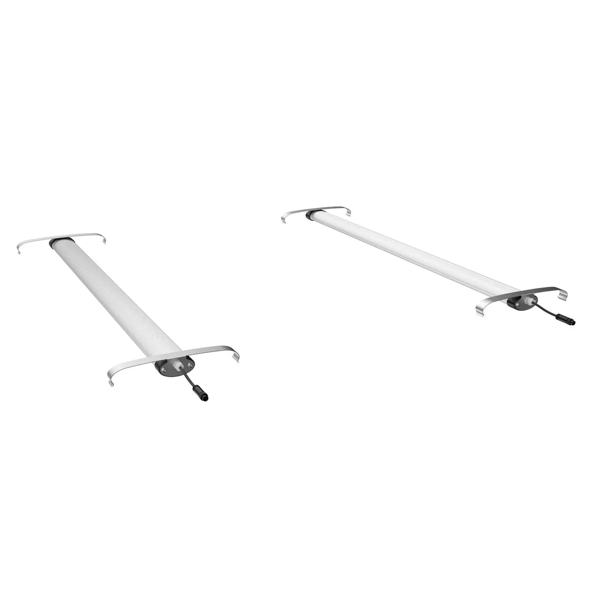 Two white tubular Medic Grow UV-IR light bars, with silver mounting clips and black power connectors.