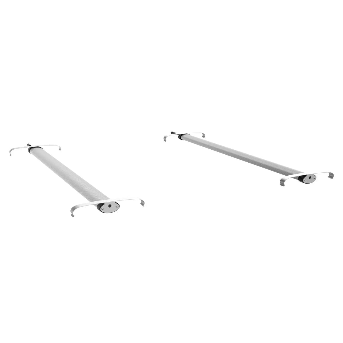 Two silver ribbed metallic bars with curved end attachments, likely UV-IR grow lights, on a white background.