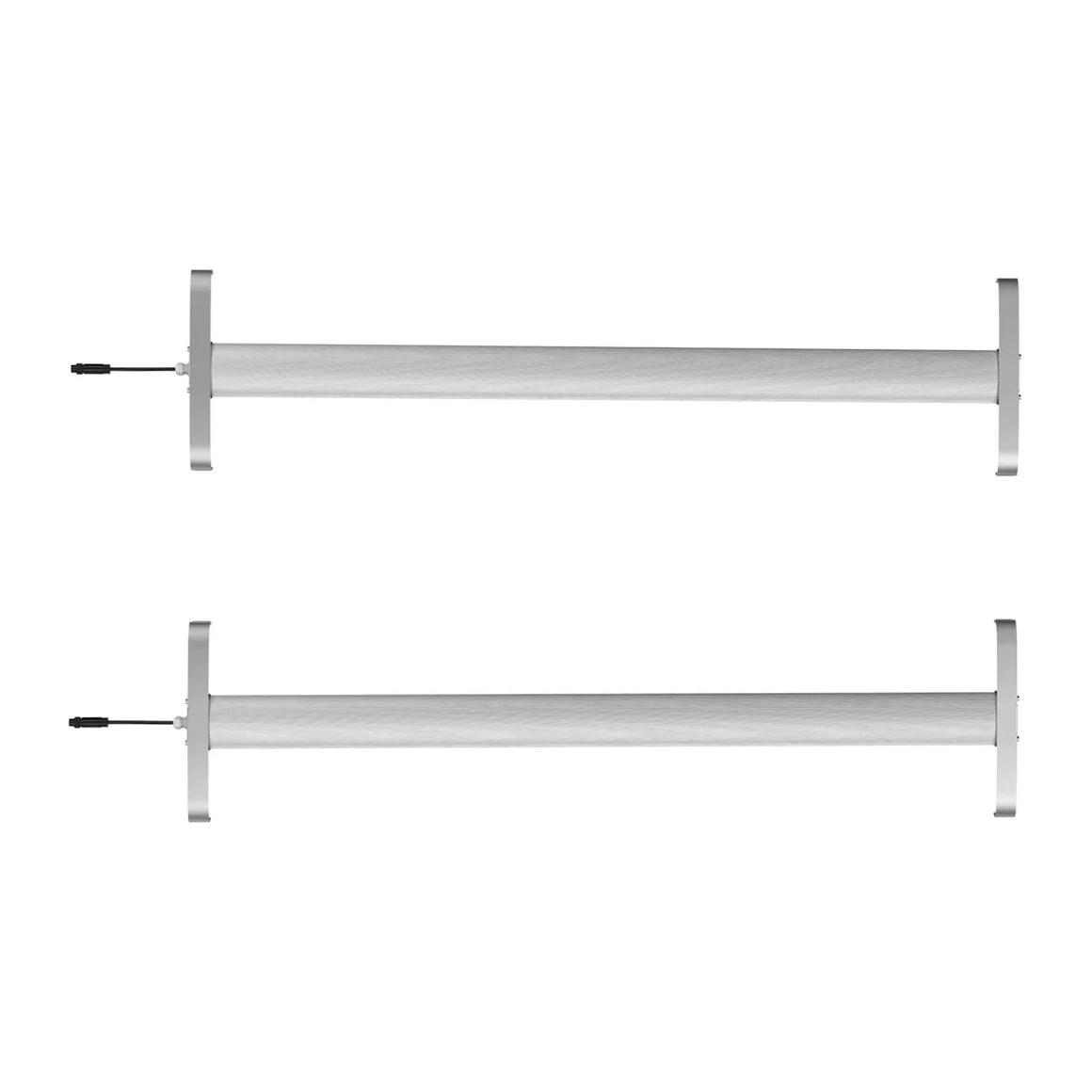 Two silver Medic Grow UV IR light bars with T-shaped end plates and connectors, viewed from above.