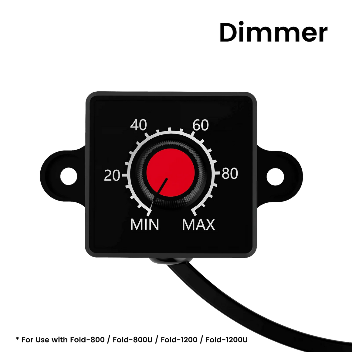 MedicGrow 0-10V LED Dimmer Controller with black housing, red rotary knob, white scale (20-80), MIN/MAX labels.
