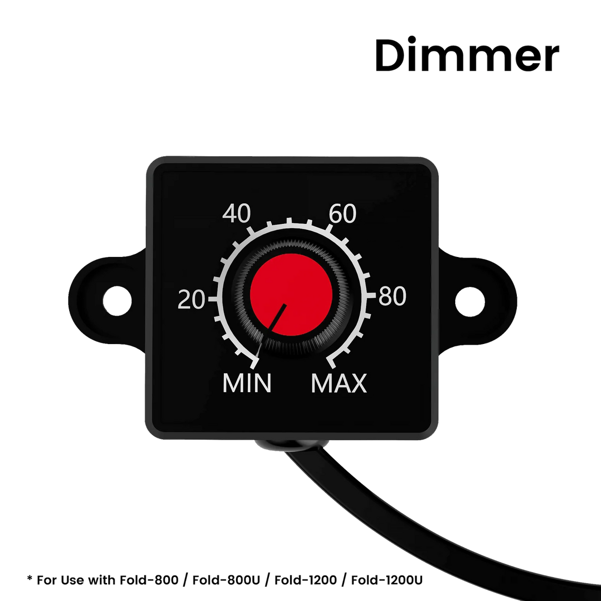 MedicGrow 0-10V LED Dimmer Controller with black housing, red rotary knob, white scale (20-80), MIN/MAX labels.