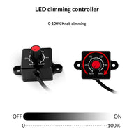 Two black LED dimming controllers with red/black knobs, showing 0-100% knob dimming and MIN/MAX settings.