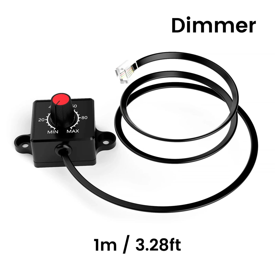 MedicGrow 0-10V LED dimmer knob, black, with red indicator, coiled cable, RJ connector. Labeled "1m / 3.28ft".