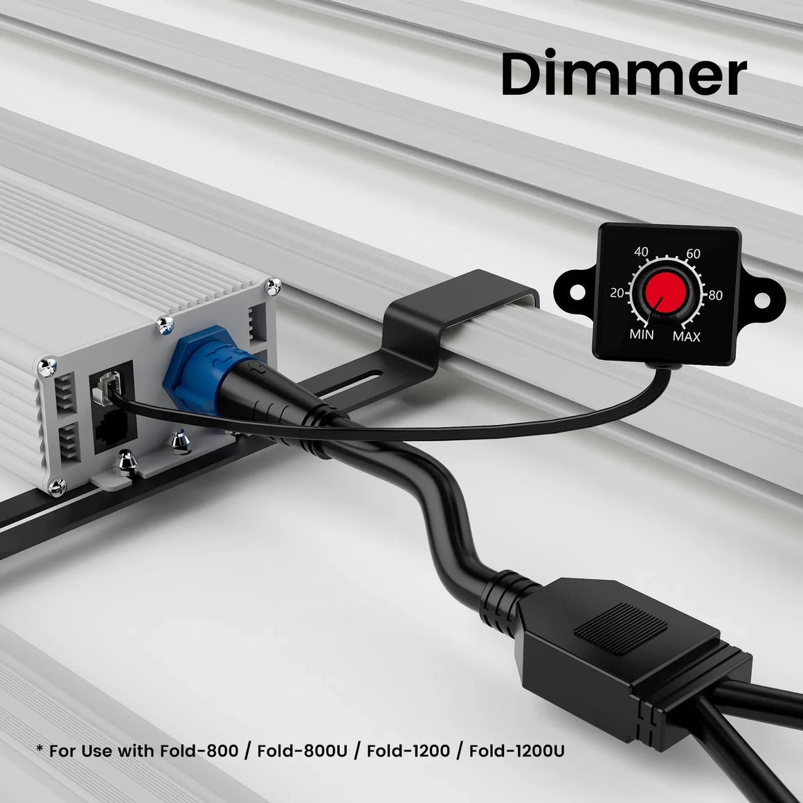 Black LED dimmer knob controller with red center, MIN/MAX scale, connected to silver grow light fixture. For Fold-800/1200.