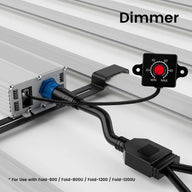 Black LED dimmer knob controller with red center, MIN/MAX scale, connected to silver grow light fixture. For Fold-800/1200.