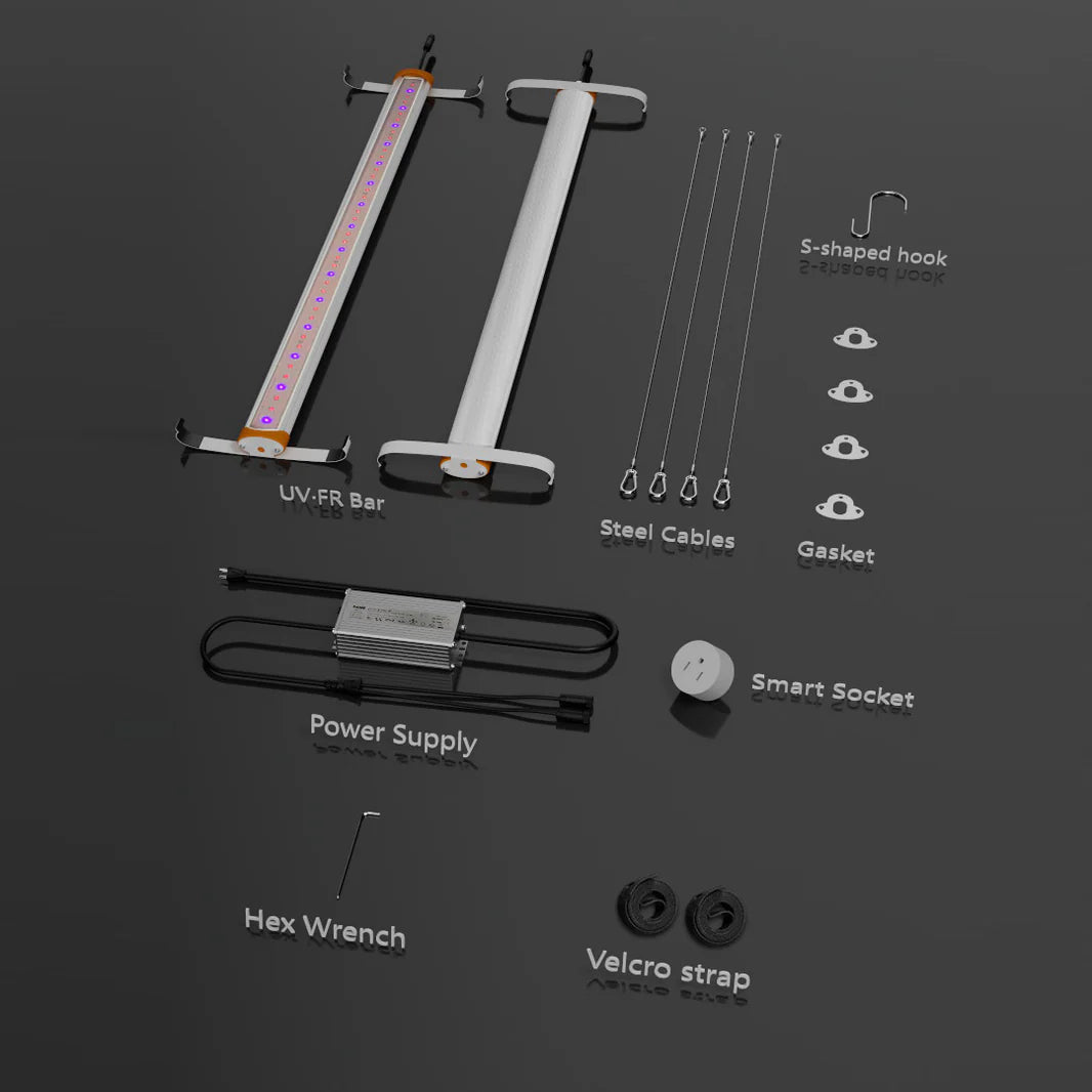 MedicGrow UV-FR grow light kit components: UV-FR bar, power supply, smart socket, steel cables, hooks, gaskets, wrench, velcro.