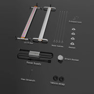 MedicGrow UV-FR grow light kit components: UV-FR bar, power supply, smart socket, steel cables, hooks, gaskets, wrench, velcro.