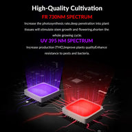 MedicGrow UV 395nm purple and FR 730nm red LED grow light chips on a circuit board for plant cultivation.