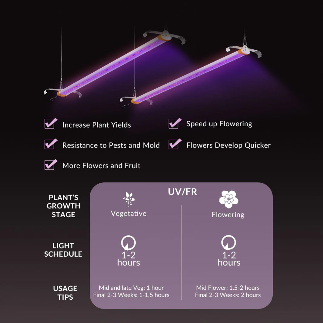 Two purple UV/FR grow lights with benefits like increased plant yields, faster flowering, pest resistance, and usage schedule.