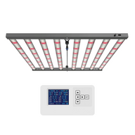 Full-spectrum LED grow light with multiple red and white diodes, a gray frame, and a digital controller displaying settings.