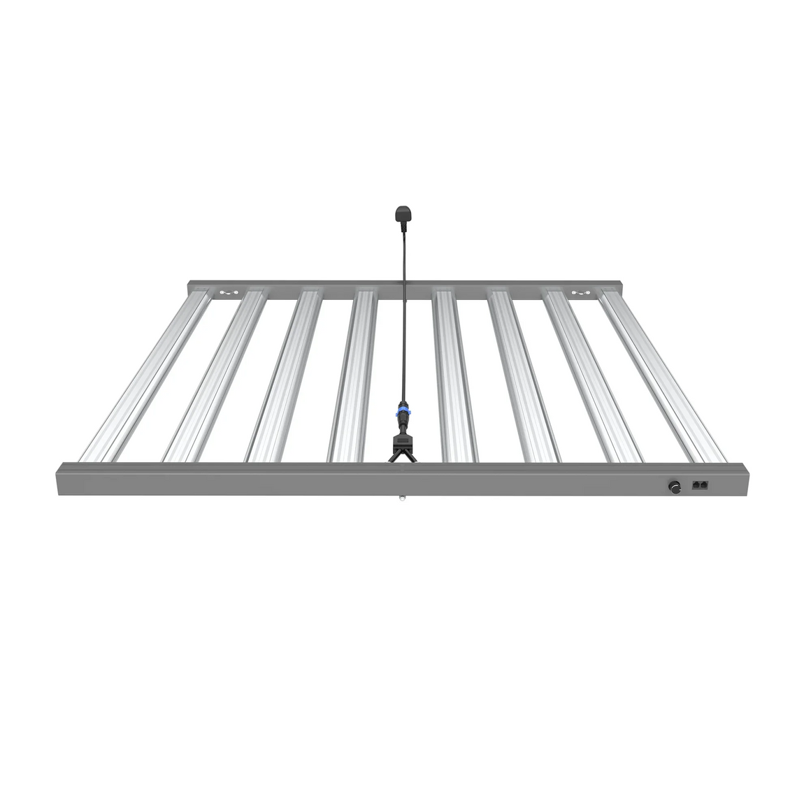 Full-spectrum LED grow light with a gray frame and reflective bars, suspended by a black cord.