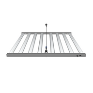 Full-spectrum LED grow light with a gray frame and reflective bars, suspended by a black cord.