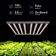 Full spectrum LED grow light with 720W power, 2.6 µmol/J efficacy, and onboard dimming over rows of fresh lettuce and herbs.
