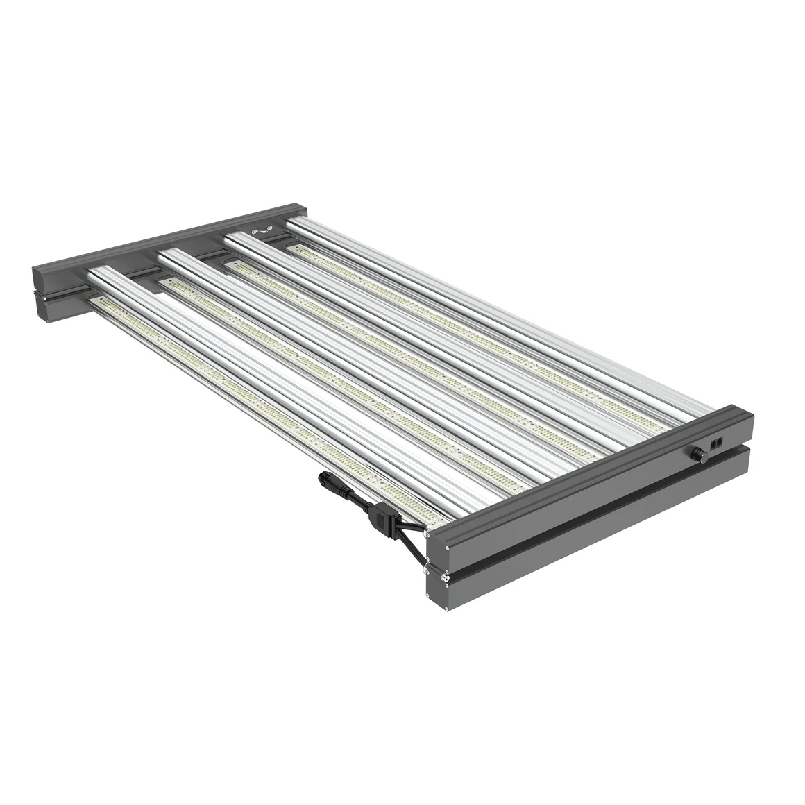 MedicGrow full spectrum LED grow light, with silver bars and black frame.