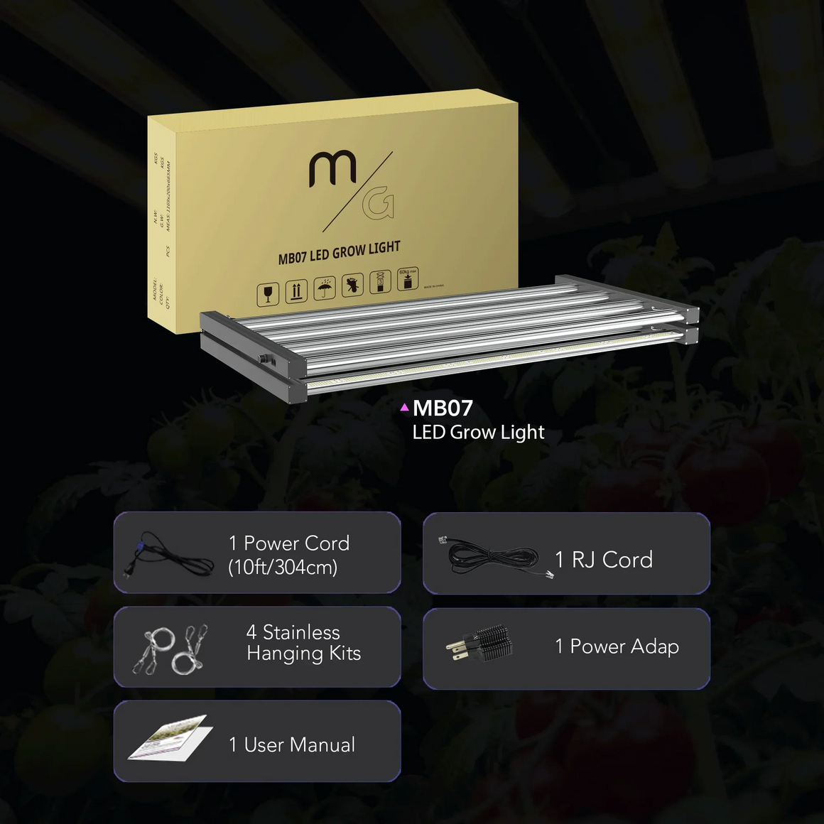 MedicGrow MB07 LED grow light, box, power cord, RJ cord, hanging kits, adapter, manual.