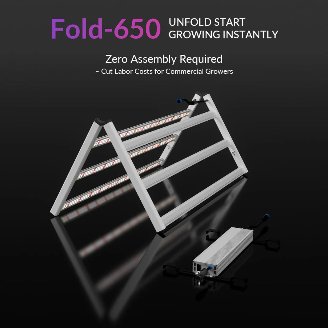 Medic Grow Fold-650 full spectrum LED grow light unfolded, showing light bars and separate power supply. Zero assembly.
