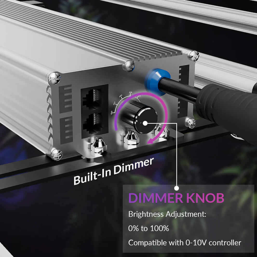 Control panel of a silver LED grow light, showing a dimmer knob (0-100% brightness) and two RJ45 ports.