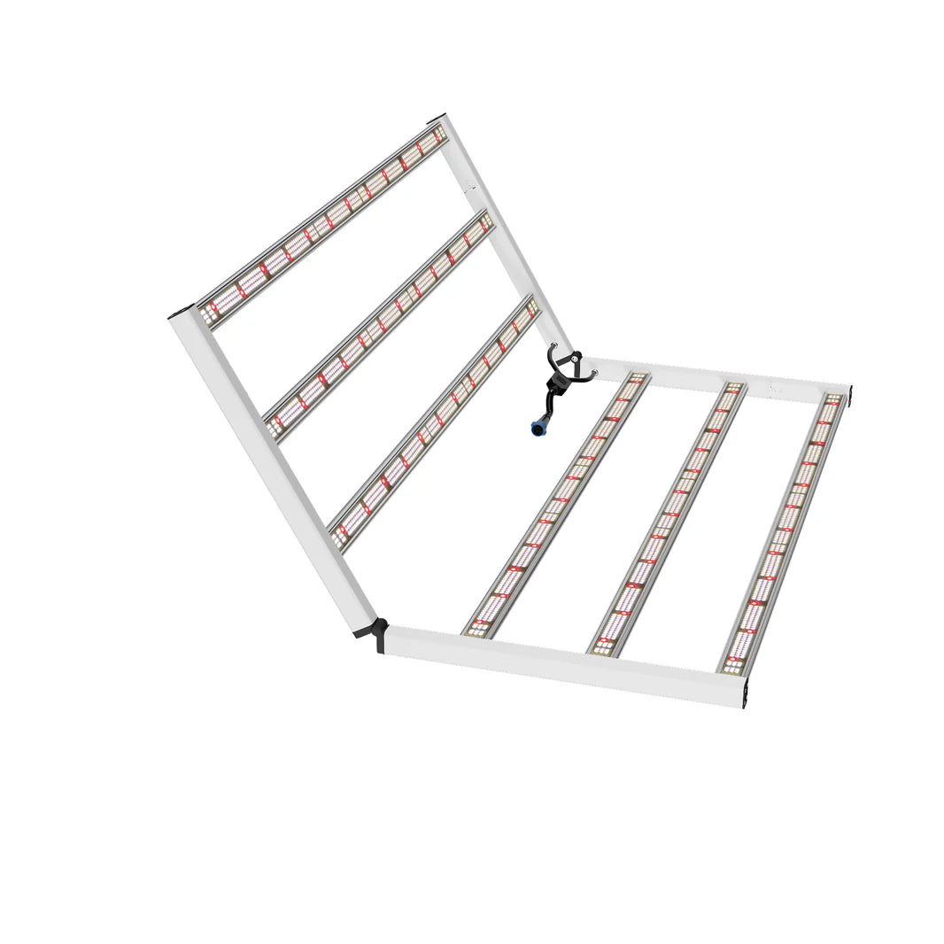 White foldable Medic Grow Fold-650 Full Spectrum LED grow light, multiple light bars, shown partially folded.