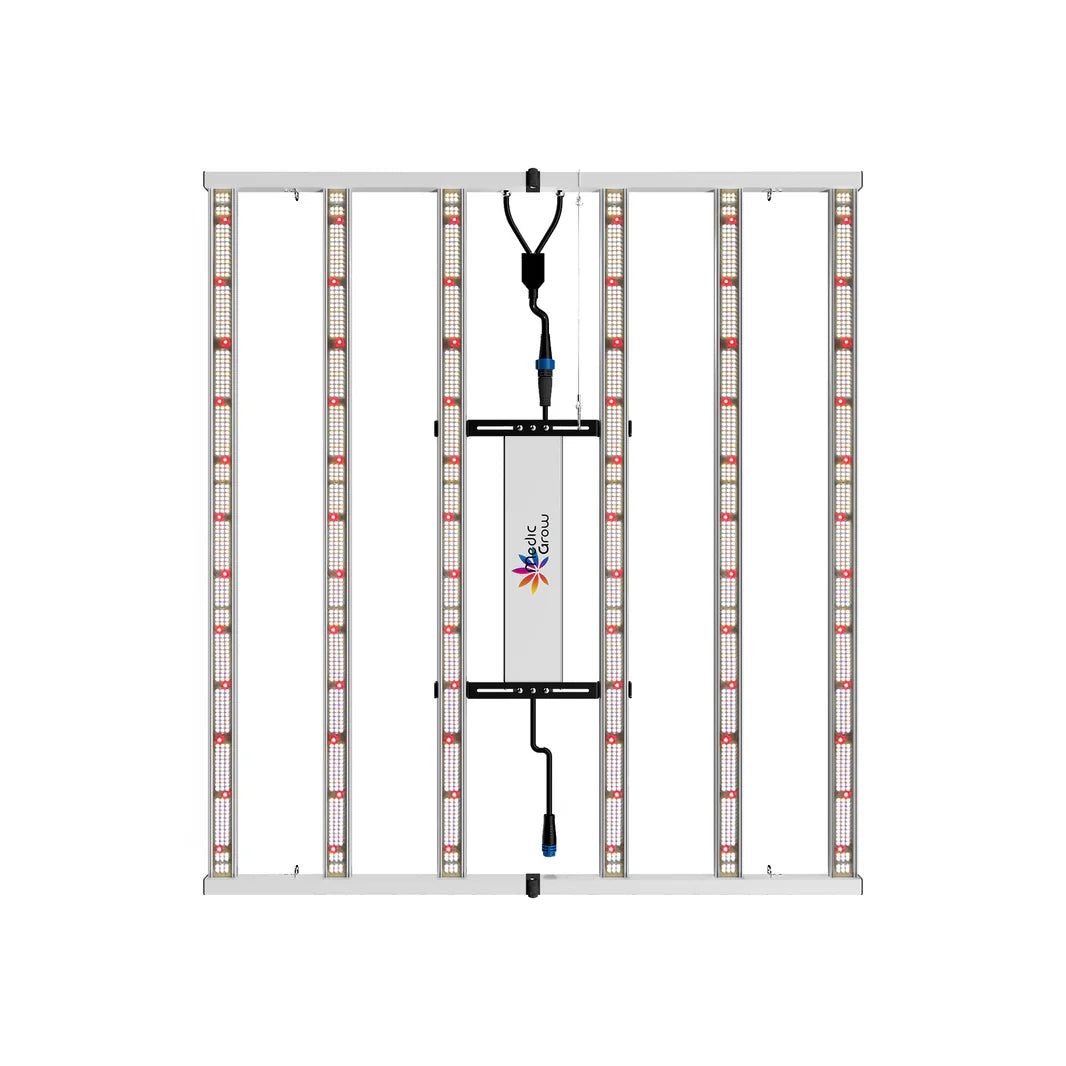 Medic Grow Fold-650 Full Spectrum LED Grow Light, front view. Multiple bars of red & white LEDs, central driver unit.