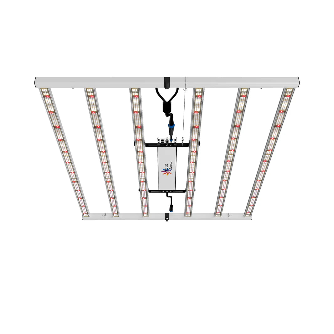 Top-down Medic Grow Fold-650 full spectrum LED grow light, 6 bars, central driver.