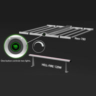 Medic Grow Neo-780 and Hell-Fire 120W LED grow lights with dimmer dial at 780W. One button controls both.