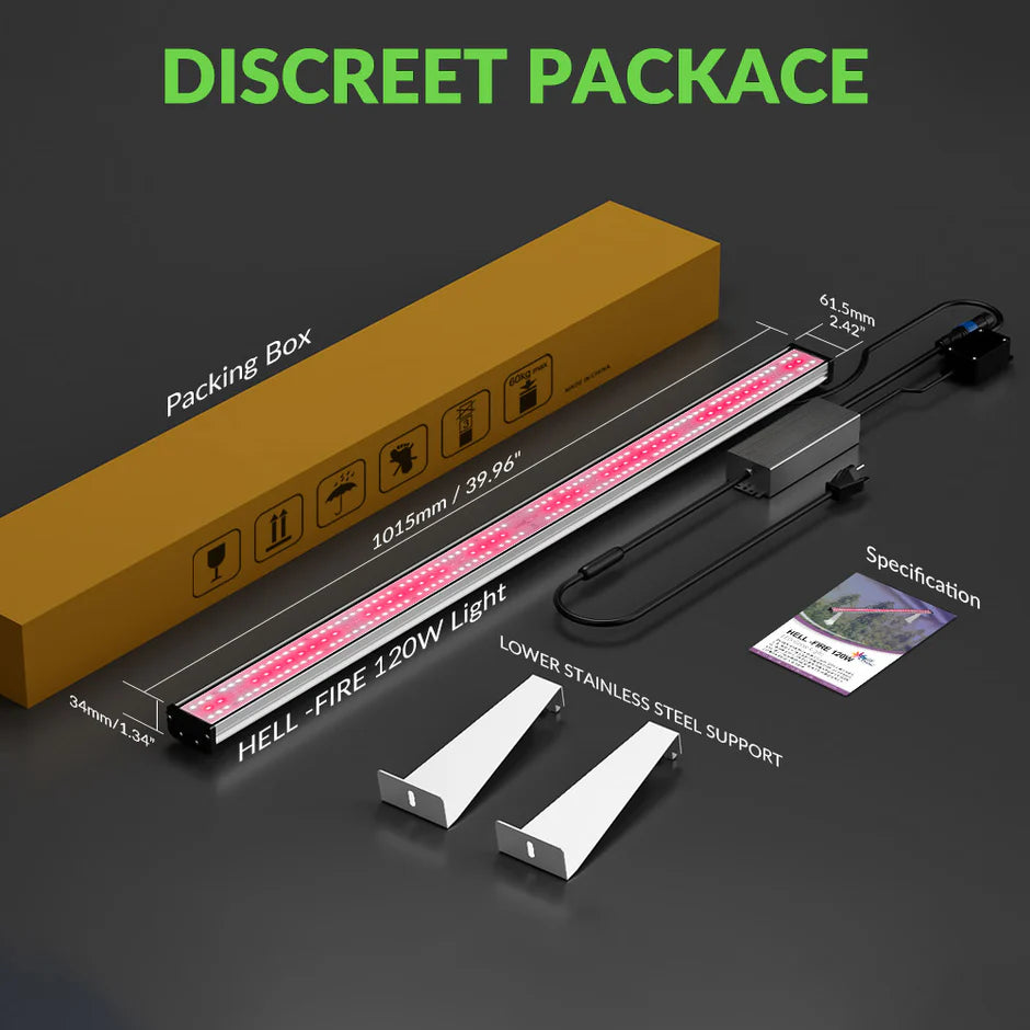 Medic Grow Hell-Fire 120W LED grow light, power supply, supports, spec sheet, and discreet packing box.
