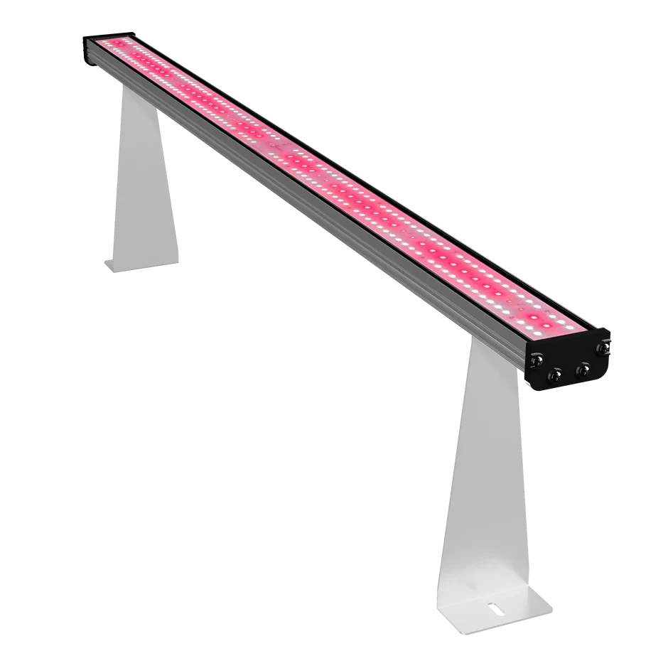Medic Grow Hell-Fire 120W LED grow light bar with two rows of bright red diodes, mounted on white angled stands.