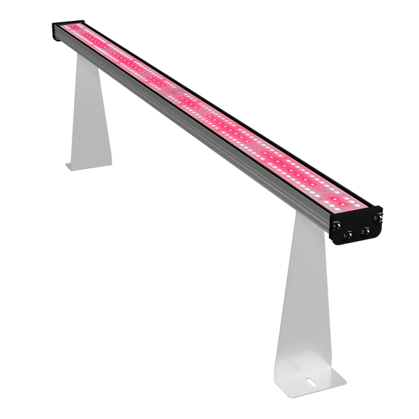 Medic Grow Hell-Fire 120W LED grow light bar with two rows of bright red diodes, mounted on white angled stands.