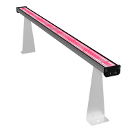 Medic Grow Hell-Fire 120W LED grow light bar with two rows of bright red diodes, mounted on white angled stands.