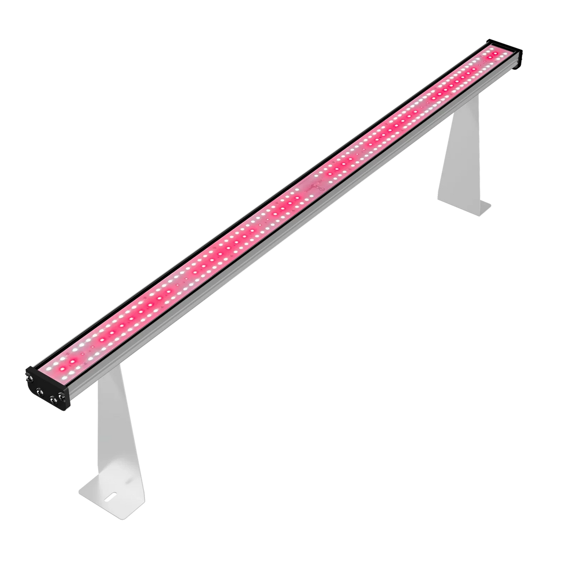 Medic Grow Hell-Fire 120W LED grow light bar, top-down view. Silver housing with red/white LEDs, on white stands.