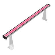 Medic Grow Hell-Fire 120W LED grow light bar, top-down view. Silver housing with red/white LEDs, on white stands.