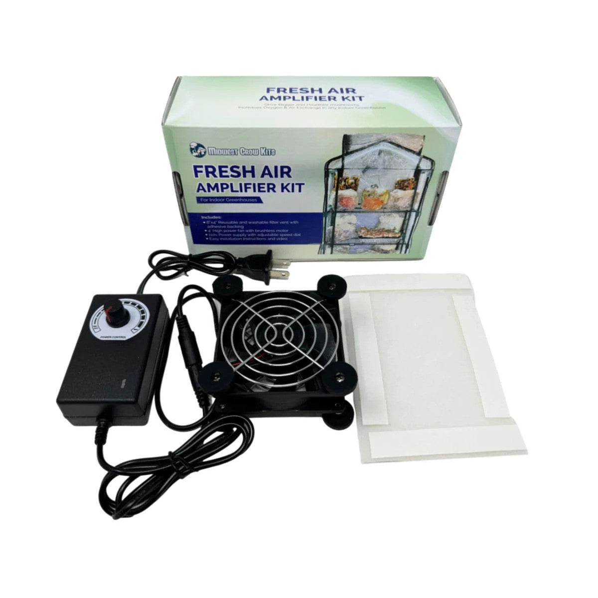 Midwest Grow Kits Fresh Air Amplifier Kit with fan, speed controller, and filters for indoor greenhouses.