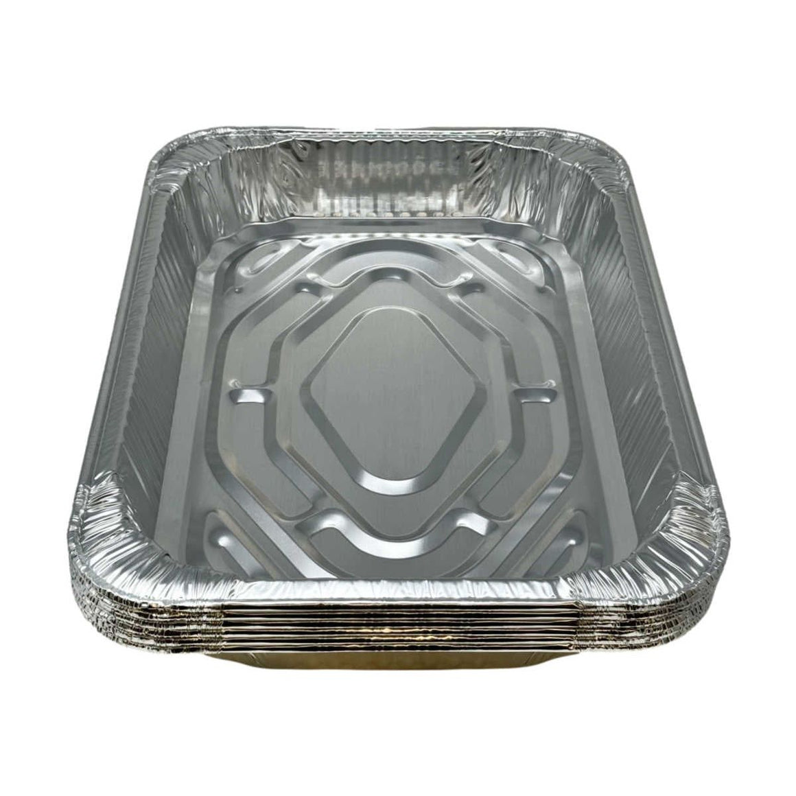 Stack of rectangular, heavy-duty silver aluminum foil trays with ribbed sides and patterned bottoms.