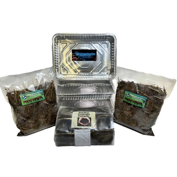 Midwest Grow Kits bulk mushroom growing kit: aluminum trays, sterile manure substrate bags, peat moss vermiculite casing mix.
